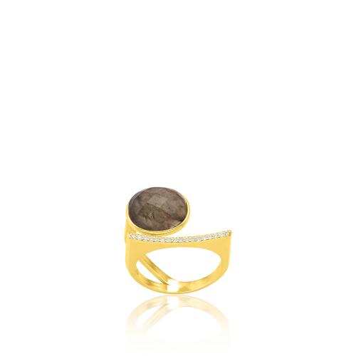 Δαχτυλίδι ασήμι 925, κίτρινο επιχρύσωμα 24Κ, καφέ ημιπ. πέτρα και λευκά ζιργκόν.