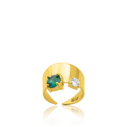 Δαχτυλίδι ασήμι 925, κίτρινο επιχρύσωμα 24Κ, πράσινο μονόπετρο και λευκό ζιργκόν.