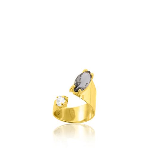 Δαχτυλίδι ασήμι 925, κίτρινο επιχρύσωμα 24Κ, γκρι μονόπετρο και λευκό ζιργκόν.