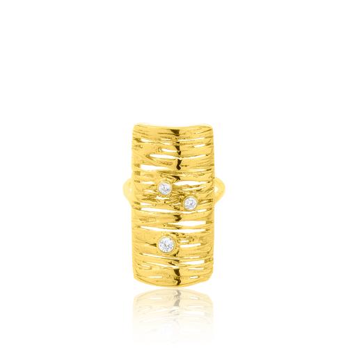 Δαχτυλίδι ασήμι 925, κίτρινο επιχρύσωμα 24Κ, με γραμμώσεις και λευκά ζιργκόν.