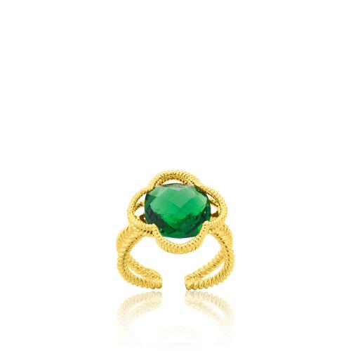Δαχτυλίδι ασήμι 925, κίτρινο επιχρύσωμα 24Κ, πράσινη ημιπ. πέτρα.
