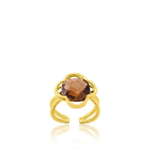 Δαχτυλίδι ασήμι 925, κίτρινο επιχρύσωμα 24Κ, καφέ ημιπ. πέτρα.