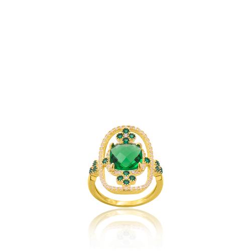 24Κ Yellow gold plated sterling silver ring, green semi precious stone and white cubic zirconia.