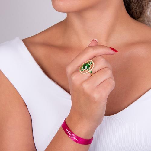 Δαχτυλίδι ασήμι 925, κίτρινο επιχρύσωμα 24Κ, πράσινη ημιπ. πέτρα και λευκά ζιργκόν.
