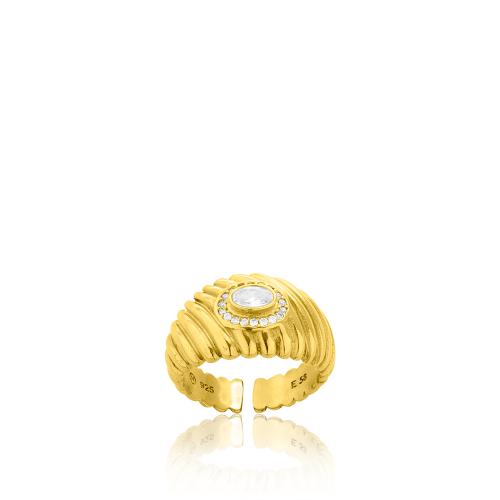 Δαχτυλίδι ασήμι 925, κίτρινο επιχρύσωμα 24Κ, λευκό μονόπετρο με λευκά ζιργκόν.