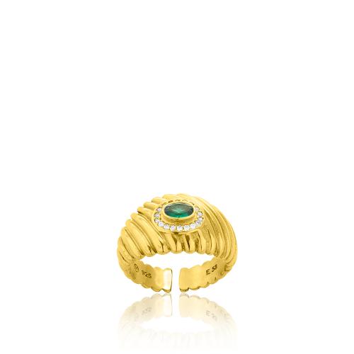 Δαχτυλίδι ασήμι 925, κίτρινο επιχρύσωμα 24Κ, πράσινο μονόπετρο με λευκά ζιργκόν.