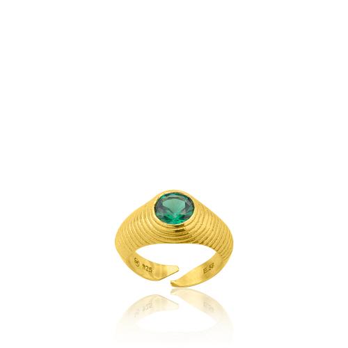 Δαχτυλίδι ασήμι 925, κίτρινο επιχρύσωμα 24Κ, πράσινο μονόπετρο.