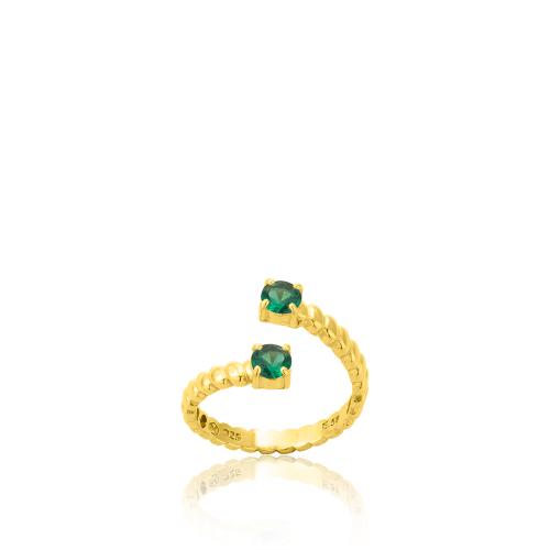 Δαχτυλίδι ασήμι 925, κίτρινο επιχρύσωμα 24Κ, πράσινα μονόπετρα.
