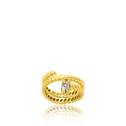 Δαχτυλίδι διπλό ασήμι 925, κίτρινο επιχρύσωμα 24Κ, γκρι μονόπετρο.