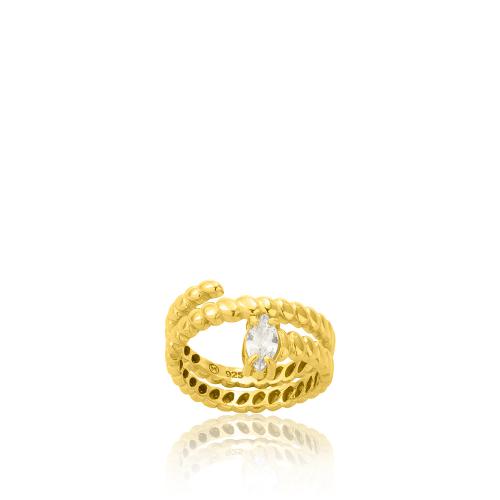 Δαχτυλίδι διπλό ασήμι 925, κίτρινο επιχρύσωμα 24Κ, λευκό μονόπετρο.