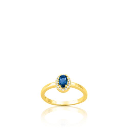 Δαχτυλίδι ασήμι 925, κίτρινο επιχρύσωμα 24Κ, μπλε μονόπετρο και λευκά ζιργκόν.