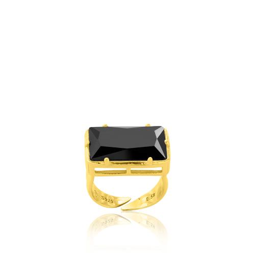 24Κ Yellow gold plated sterling silver ring, black rectangle solitaire.