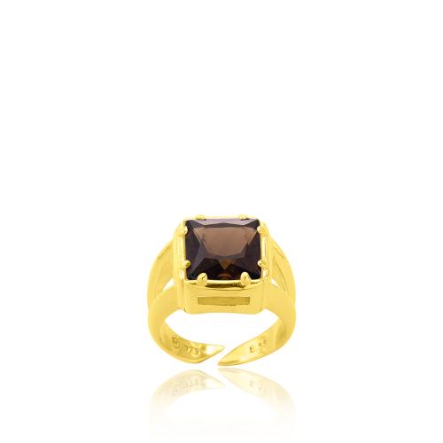 Δαχτυλίδι ασήμι 925, κίτρινο επιχρύσωμα 24Κ, καφέ μονόπετρο τετράγωνο.