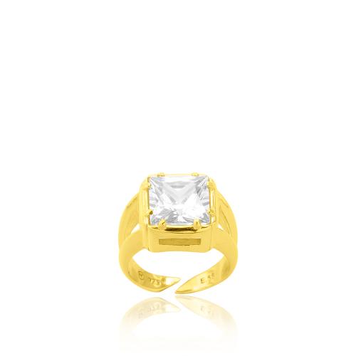 Δαχτυλίδι ασήμι 925, κίτρινο επιχρύσωμα 24Κ, λευκό μονόπετρο τετράγωνο..