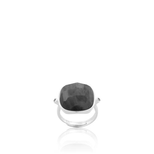Sterling silver ring, grey semi precious stone and white cubic zirconia.