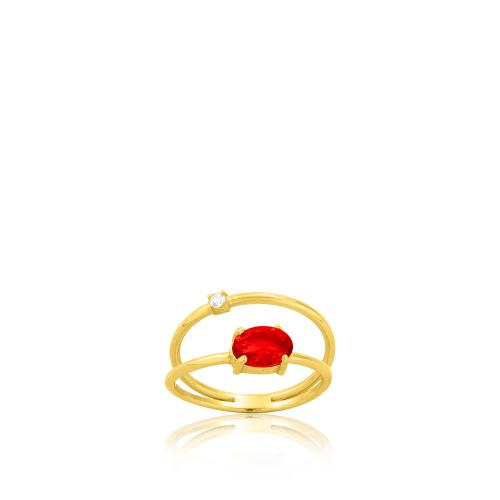 24Κ Yellow gold plated sterling silver double ring, red solitaire and white cubic zirconia.
