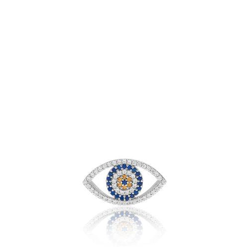 Sterling silver ring, white and blue cubic zirconia evil eye.