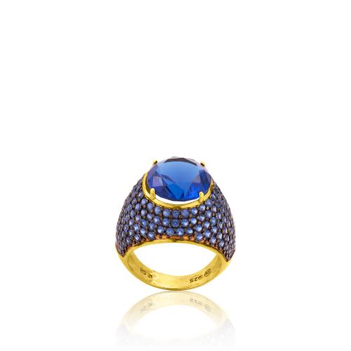 Δαχτυλίδι ασήμι 925, κίτρινο επιχρύσωμα 24Κ, μπλε ημιπ. πέτρα και μπλε ζιργκόν.