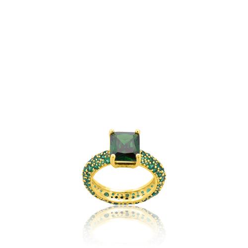 Δαχτυλίδι ασήμι 925, κίτρινο επιχρύσωμα 24Κ, μονόπετρο και πράσινα ζιργκόν.