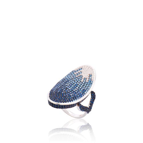 Δαχτυλίδι ασήμι 925, οβάλ με μπλε και λευκά ζιργκόν.