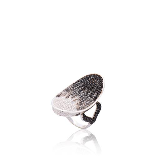 Δαχτυλίδι ασήμι 925, οβάλ με μαύρα και λευκά ζιργκόν.