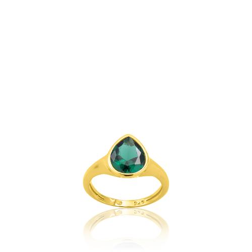 Δαχτυλίδι ασήμι 925, κίτρινο επιχρύσωμα 24Κ, πράσινο μονόπετρο δάκρυ.