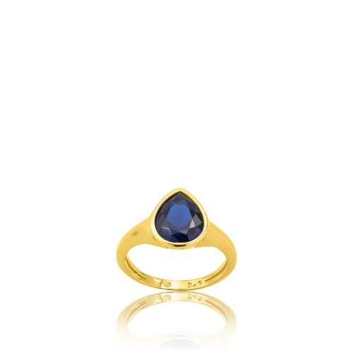 Δαχτυλίδι ασήμι 925, κίτρινο επιχρύσωμα 24Κ, μπλε μονόπετρο δάκρυ.