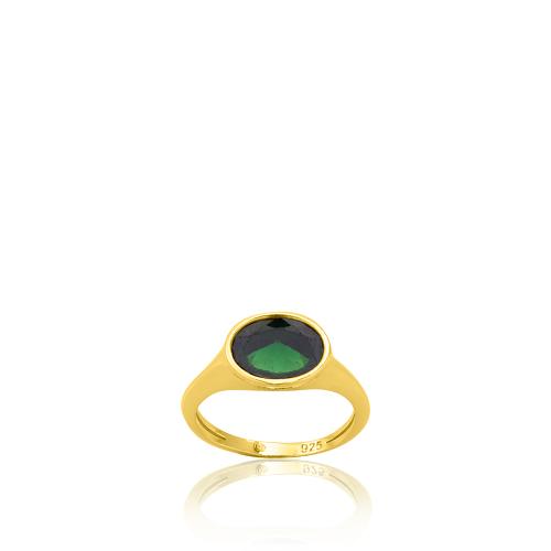 Δαχτυλίδι ασήμι 925, κίτρινο επιχρύσωμα 24Κ, πράσινο μονόπετρο οβάλ.