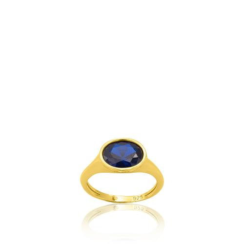 Δαχτυλίδι ασήμι 925, κίτρινο επιχρύσωμα 24Κ, μπλε μονόπετρο οβάλ.