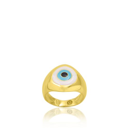 24Κ Yellow gold plated sterling silver ring, enamel evil eye.