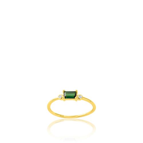 Δαχτυλίδι ασήμι 925, κίτρινο επιχρύσωμα 24Κ, πράσινο μονόπετρο και λευκά ζιργκόν.