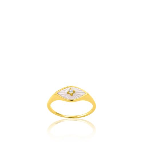 24Κ Yellow gold plated sterling silver ring, mother of pearl evil eye and white cubic zirconia.