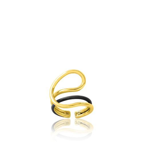 24Κ Yellow gold plated sterling silver triple ring, black enamel.