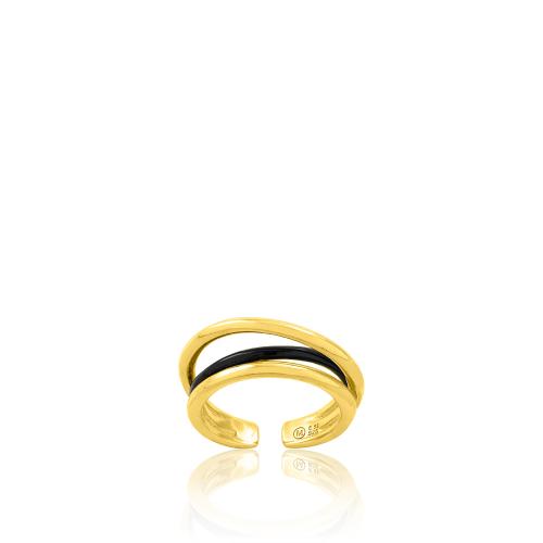 Δαχτυλίδι τριπλό ασήμι 925, κίτρινο επιχρύσωμα 24Κ, με μαύρο σμάλτο.