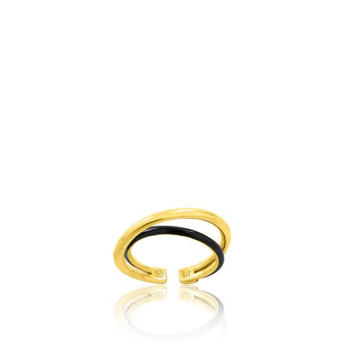 Δαχτυλίδι διπλό ασήμι 925, κίτρινο επιχρύσωμα 24Κ, με μαύρο σμάλτο.