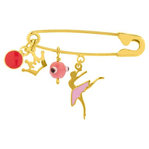 Yellow gold plated sterling silver safety pin, crown, evil eye and ballerina.