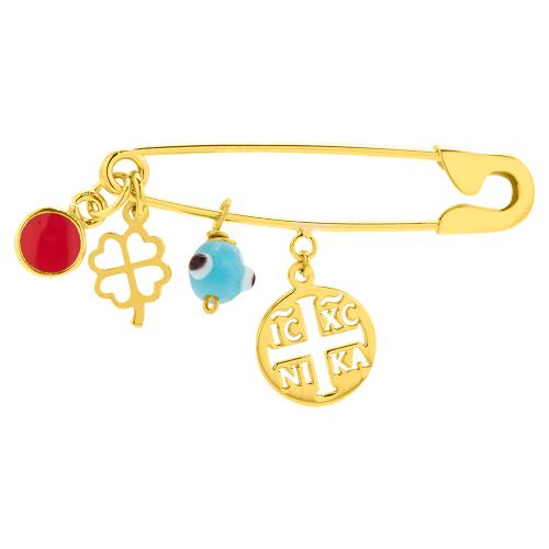 Yellow gold plated sterling silver safety pin, clover , coin and evil eye.