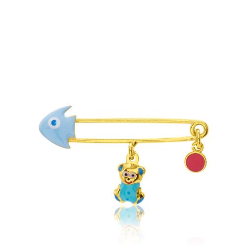 Yellow gold plated sterling silver safety pin, light blue enamel fish and bear.