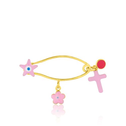 Yellow gold plated sterling silver safety pin, pink enamel cross, star and flower.