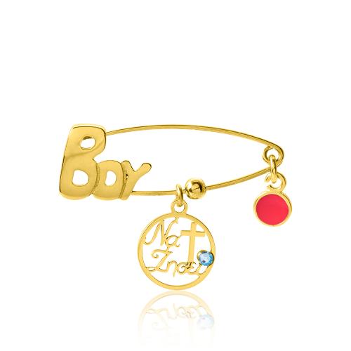 Yellow gold plated sterling silver safety pin, Boy and cross.