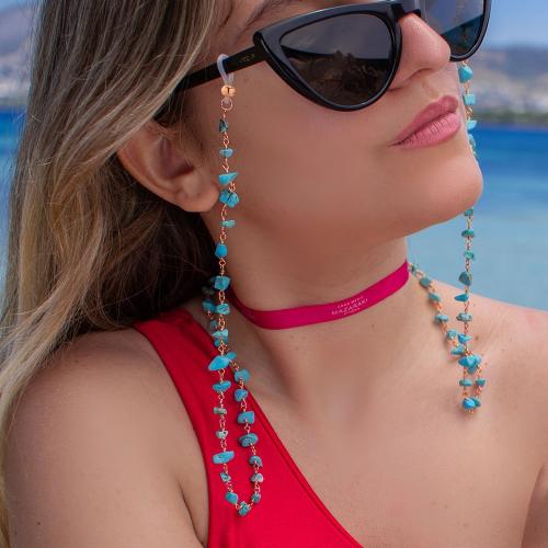 Sunglasses chain, rose gold plated brass evil eyes turquoise semi precious stones, 80cm.